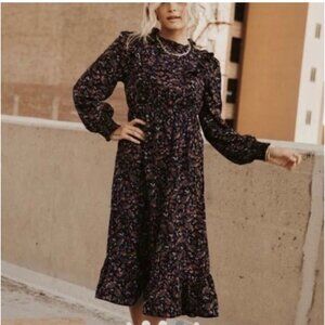 Böhme Navy High-Neck Floral Midi Dress With Long Sleeves & Ruffle Hem Modest Sty